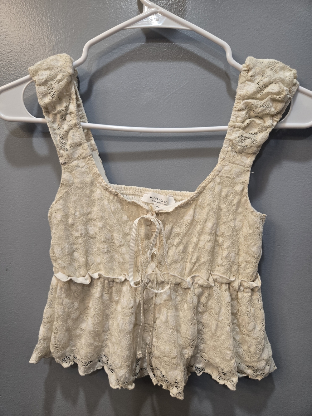 Kikirou Cream Lace Peplum Tie-Front Crop Top